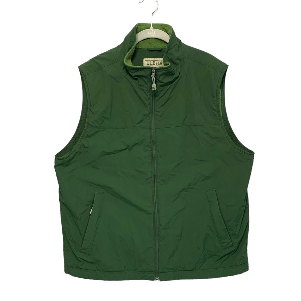 L.L. Bean Full Zip Fleece Lined Casual Vest Men's Sz XLT Green Pockets Nylon